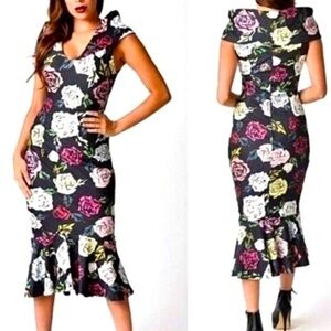 Janie Bryant Unique Vintage Bobbie Floral wiggle siren dress shawl collar XL